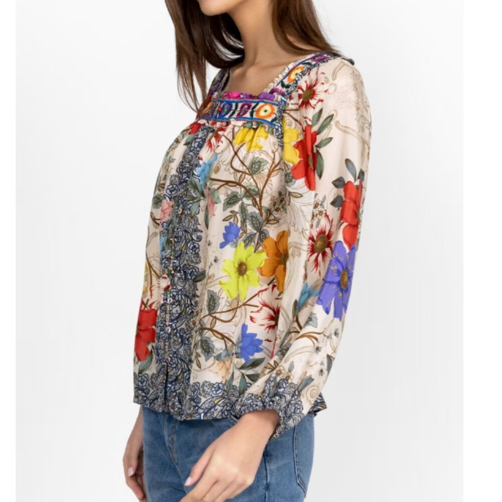 Johnny Was Archibal Luciana Floral Boho Silk Blouse Top Size M - Picture 3 of 7
